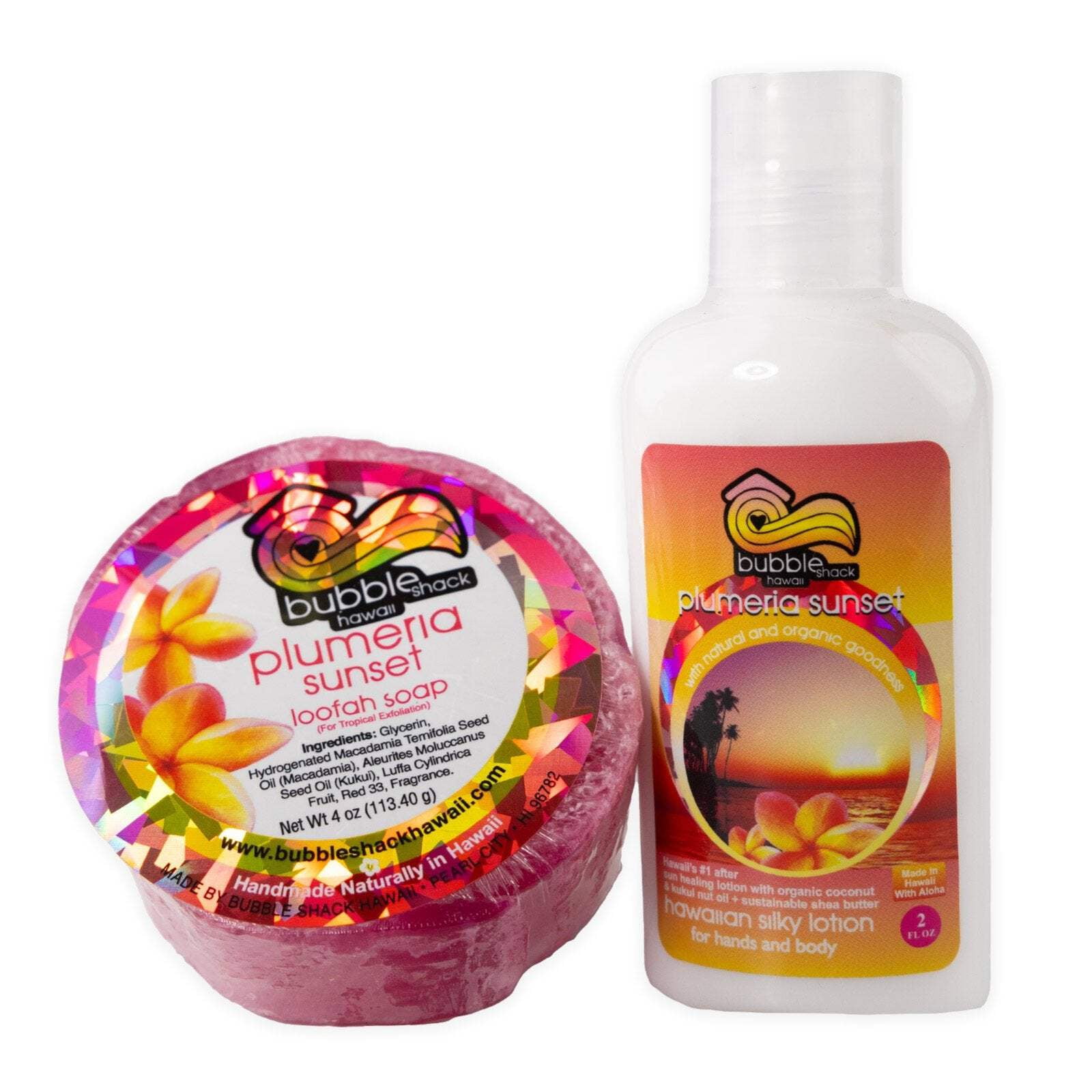 BUBBLE SHACK HAWAII - MINI LOTION AND LOOFAH SOAP GIFT SET Plumeria Sunset