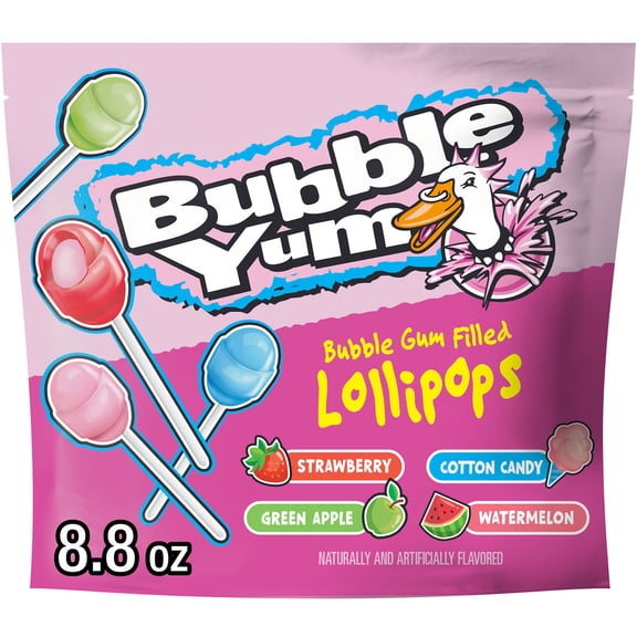 BUBBLE YUM Assorted Flavored Bubble Gum Filled Lollipops, Candy Bag, 8.8 oz