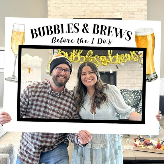 BUBBLES&BREWS Bridal Shower Photo Frame - Champagne & Beer Theme Black & White Background Toasts Before "I Do" Commemorative Prop