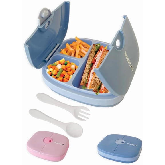 BUBBLOO Plastic Leakproof 3 Compartment Removable Tray Ideal Portion Sizes with Silverware Bento Boxes, Blue