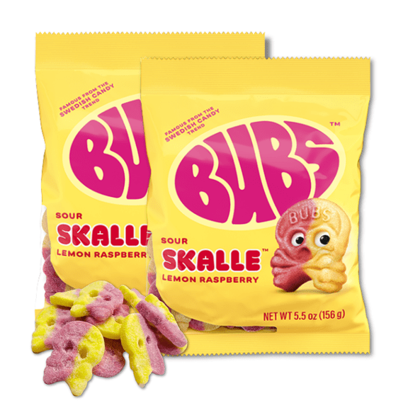 BUBS Sour Raspberry Lemonade Skulls - Pack of 2 - Swedish Soft Foam Vegan Gummy Candies - 5.5 oz. Bags