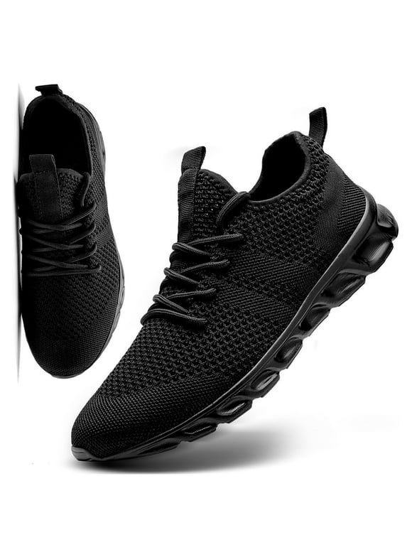 BUBUDENG Mens Walking Sneakers Athletic Shoes Breathable Knit Casual Shoes 11.5 Black Trainers Lightweight