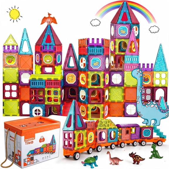 BUBUQE Magnetic Tiles Building Blocks with 4 Cars Magnet Train Set for Kids Construction Stem Toy for Girls Boys Toddlers