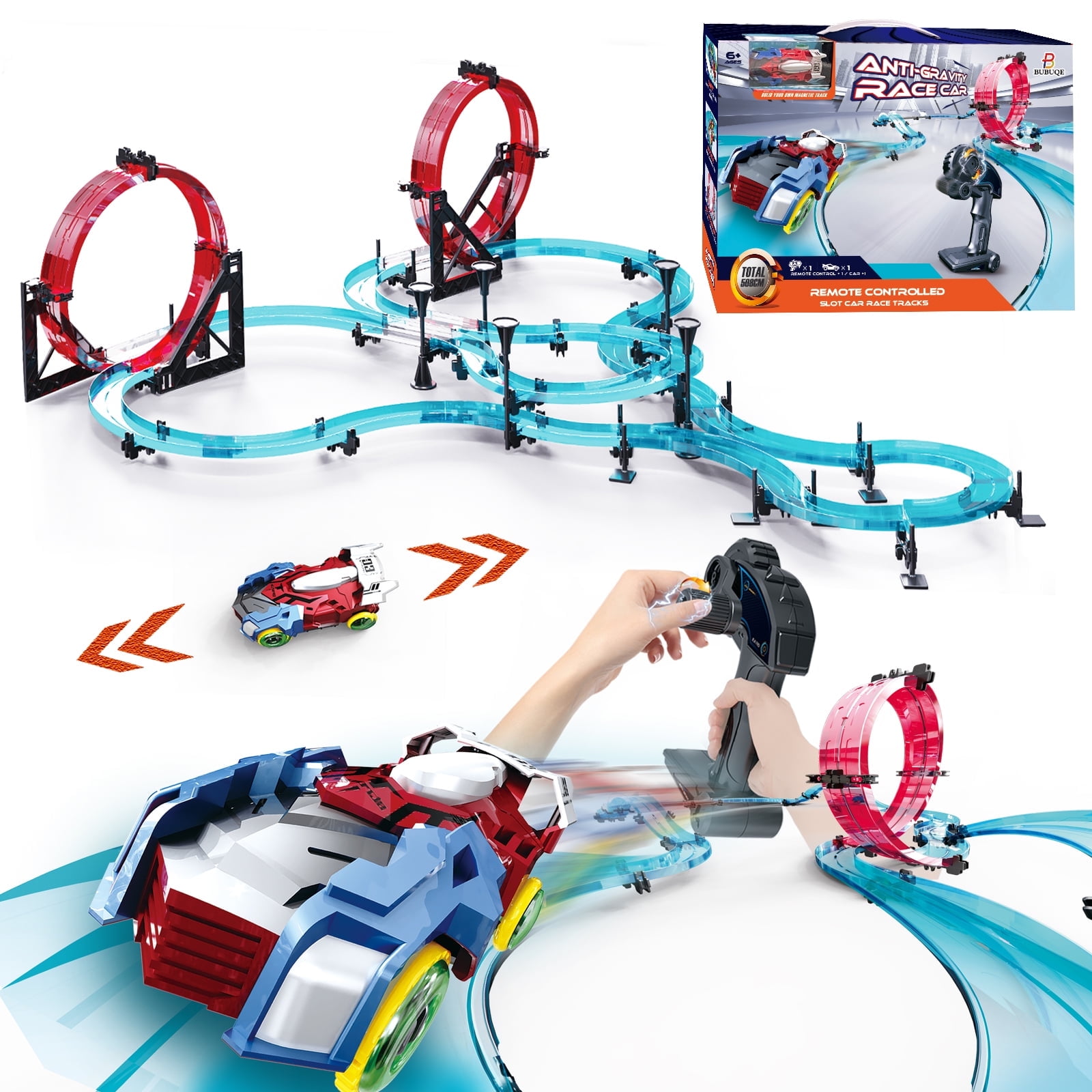 BUBUQE Slot Car Race Track Sets with Electric Magnetic Cars, Overpass Track Gift for Boys Ages 6-12