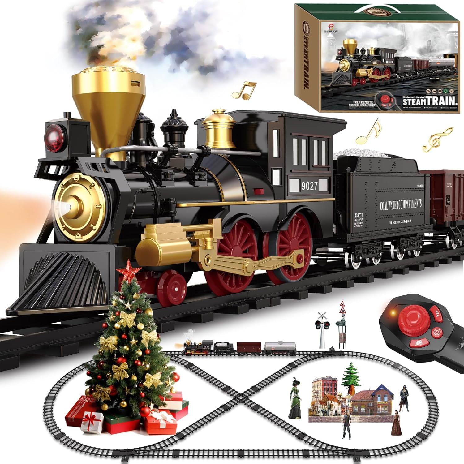BUBUQE Train Set for Kids Remote Control Electric Toys Steam Locomotive, Cargo Cars & Luxury Tracks