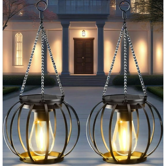 BUCASA Outdoor Solar Light Garden Pendants, 2 Pieces Metal Outdoor Solar Lanterns with LED Bulb, IP65 Waterproof Outdoor Solar Lamp with Hook and Chain for Terrace Lawn Balcony Patio