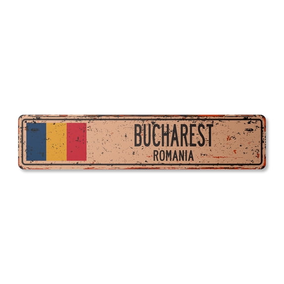 BUCHAREST ROMANIA Vintage Aluminum Street Sign Romanian flag city country road rustic metal tin wall gift | Indoor/Outdoor | 18" Wide