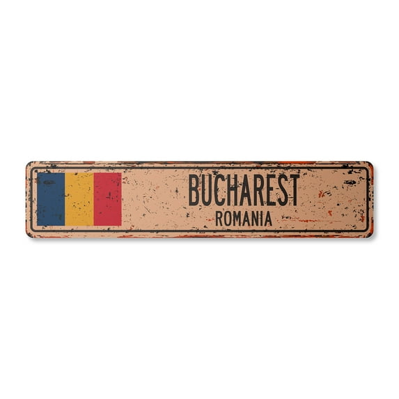 BUCHAREST ROMANIA Vintage Plastic Street Sign Romanian flag city country road wall gift | Indoor/Outdoor | 36" Wide