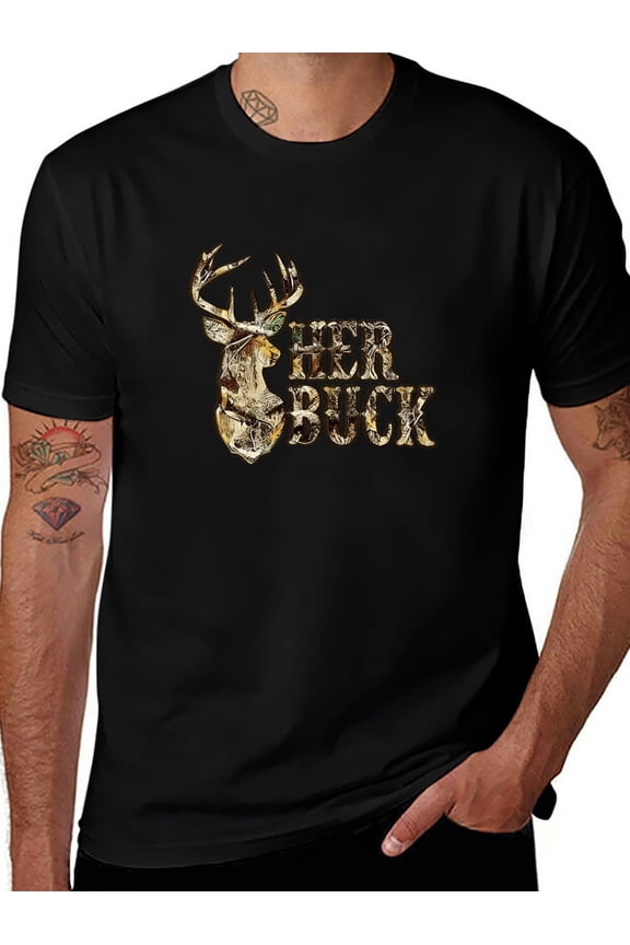 HER BUCK Hunting Graphic T-Shirt for Women - Vintage Camo Deer Design Soft Cotton Tee Outdoor Wildlife Apparel Perfect Gift for Hunters and Nature Lovers