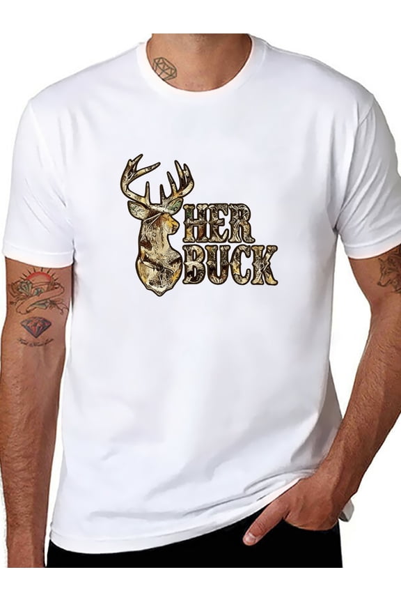HER BUCK Hunting Graphic T-Shirt for Women - Vintage Camo Deer Design Soft Cotton Tee Outdoor Wildlife Apparel Perfect Gift for Hunters and Nature Lovers