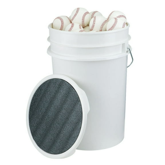 BUCKET W/PADDED LID & 3 DOZEN LEATHER BASEBALLS