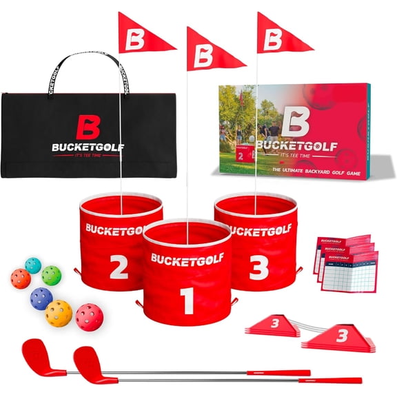 BUCKETGOLF 3 Hole Ultimate Backyard Golf Game | Great for Adults, Kids, and Families | Includes 2 Right-Handed Clubs | Design Your Own Course in Minutes | Portable and Easy Set-Up
