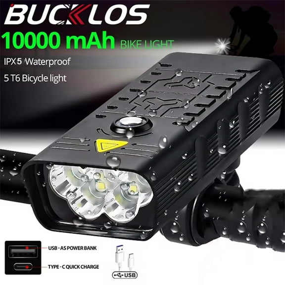 BUCKLOS Bicycle Headlight Type-C Charging Bike Strong Lamp Aluminum Alloy Bicycle Front Light 10000mAh Cycling Waterproof Flashlight 5Led