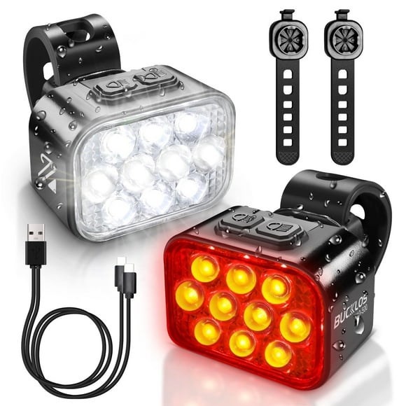 BUCKLOS Bike Lights Set,10 LED 8+9 Modes Rechargeable Bike Headlight and Taillight Ultra Bright, IP66 Waterproof Bicycle Light Reflectors for Night Riding, 1100mAh Bike Light, 35Hrs Long Battery Life