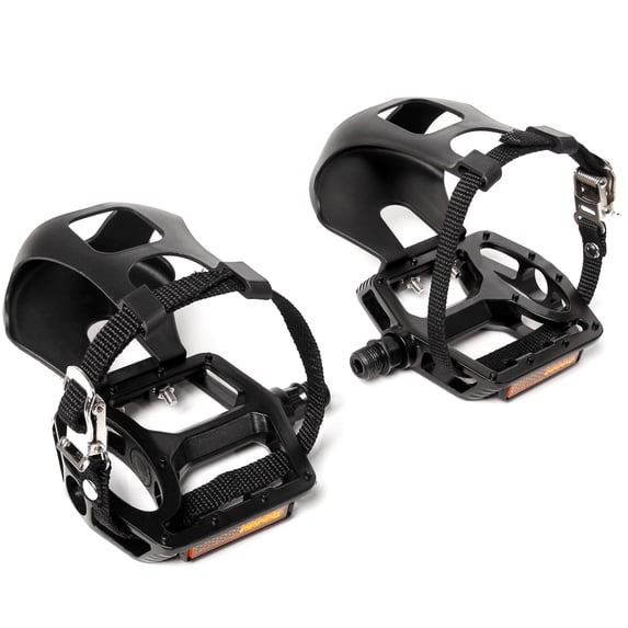 BUCKLOS Bike Pedals with Toe Cages and Straps - Bicycle Toe Clips Cage Compatible with Peloton Bike for Regular Shoes Indoor Exercise/Outdoor Cycling (9/16'' Aluminum)