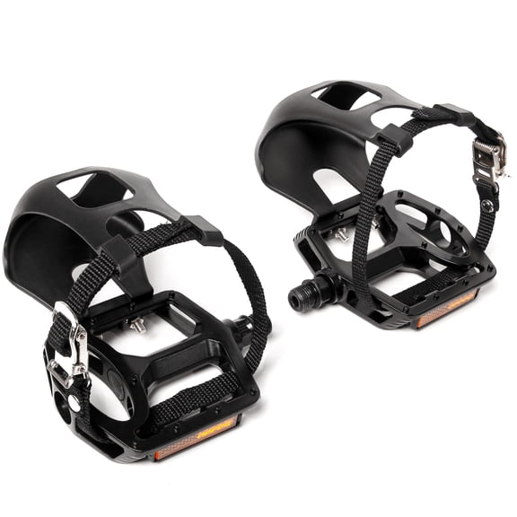 BUCKLOS Bike Pedals with Toe Cages and Straps - Bicycle Toe Clips Cage Compatible with Peloton Bike for Regular Shoes Indoor Exercise/Outdoor Cycling (9/16'' Aluminum)