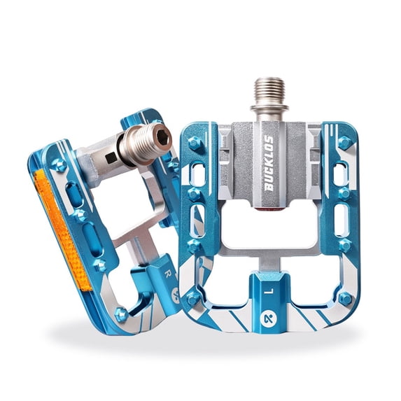 BUCKLOS Folding Bike Pedals 9/16" Cr‑Mo Steel Axle, 4 Sealed Bearings Aluminum Alloy Flat Platform Pedals with Anti‑Slip Pins & Reflectors, Dust‑Water Resistant for Folding Bikes, Road Bikes, BMX