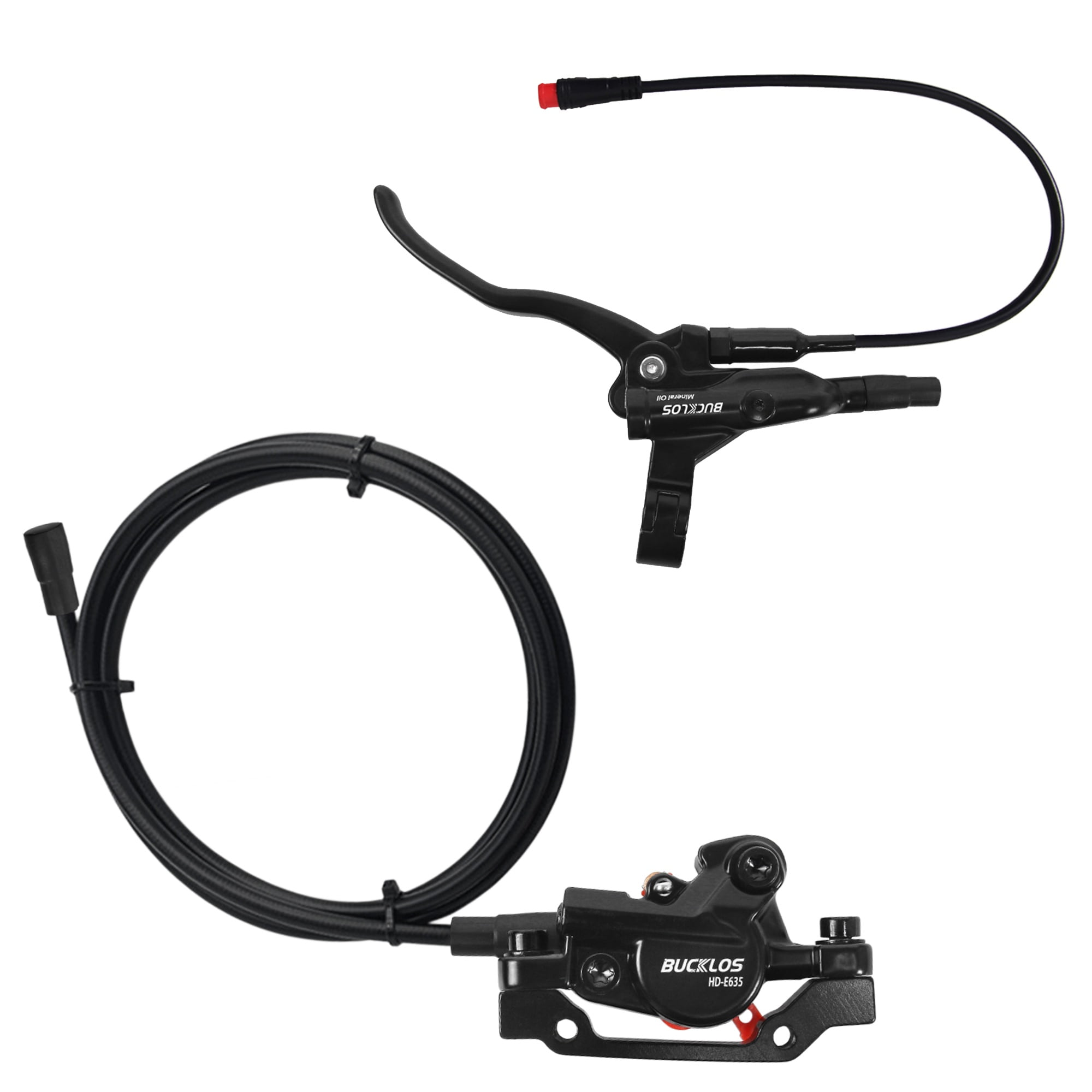 BUCKLOS HD-E635 2-Pistons Hydraulic Brake Set Left Front 1100 mm Right Rear 1800 mm Aluminum Alloy Electric Power Off Hydraulic Disc Brake Set for ebike/Scooter/MTB Mountain Bike/Road Bicycle