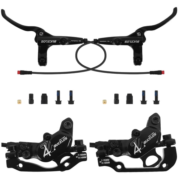 BUCKLOS HD-E735 2-PIN 4 Pistons E-Bike Electric Power Off Hydraulic Disc Brake Set,Left Front 1150mm Right Rear 1950mm Aluminum Alloy Caliper Lever for Road/Scooter/MTB Mountain Bike(Pre-Bled)
