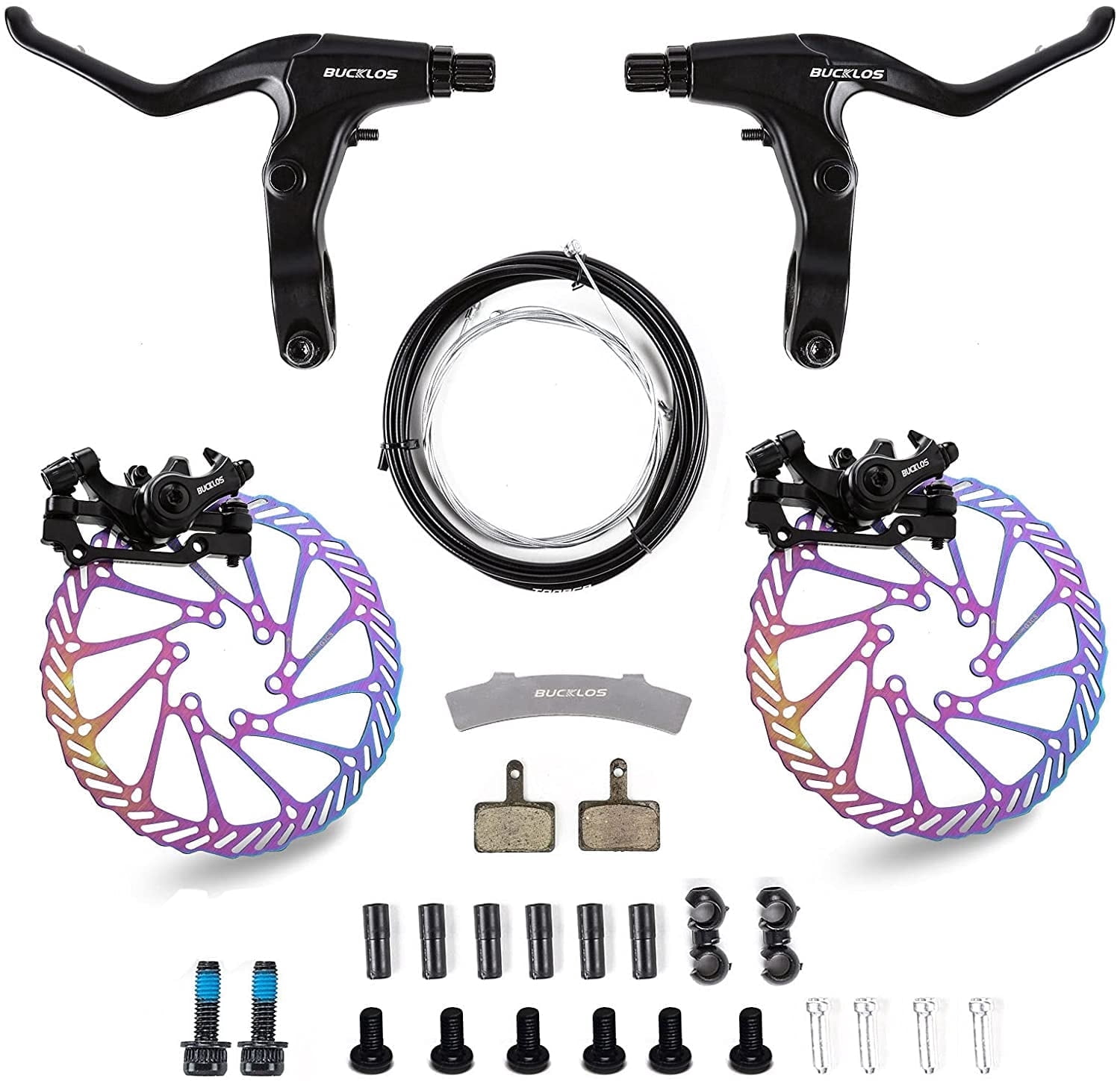 BUCKLOS Mountain Bike Disc Brake kit, MTB Mechanical Line Pulling Disc Brakes Caliper with Aluminum Alloy Levers /160mm Rotor,/is/PM Universal Adapter for Ebike/Folding Bike/Scooter/Fat Bike