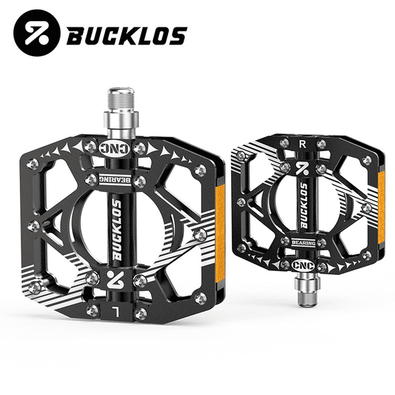 BUCKLOS Mountain Bike Pedals, CNC Machined Aluminum Flat Bike Pedals with DU Bearings, Anti-Slip Bicycle Platform Pedals with Reflective Strips for MTB, Road Bike, BMX & Commuting