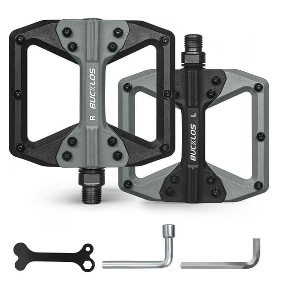 BUCKLOS Mountain Bike Pedals,MTB Flat Nylon Bicycle Pedal with Large Platform -Non-Slip Colorful Pedals for BMX/Commuter Bike 9/16"(Grey+Black)