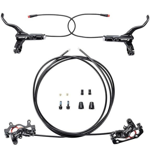 BUCKLOS Zoom H876E 2-PIN 4 Pistons E-Bike Electric Power Off Hydraulic Disc Brake Set,Left Front 1100mm Right Rear 1850mm Aluminum Alloy Lever with Caliper IS/PM Adapter for ebike/Mountain Bicycle