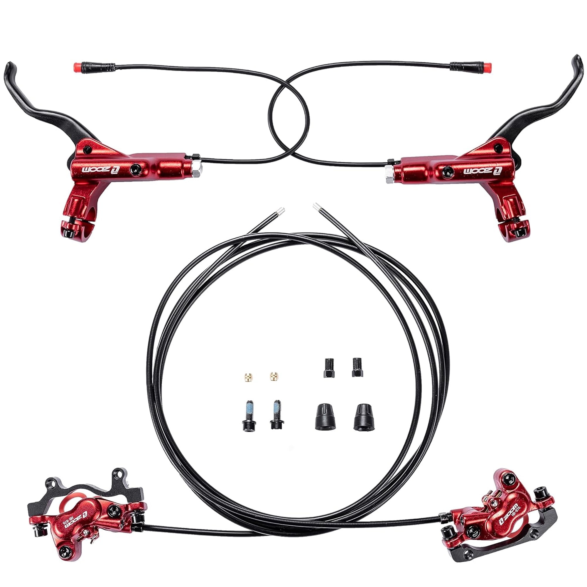 BUCKLOS Zoom H876E 2-PIN 4 Pistons E-Bike Electric Power Off Hydraulic Disc Brake Set,Left Front 1100mm Right Rear 1850mm Aluminum Alloy Lever with Caliper IS/PM Adapter for ebike/Mountain Bicycle