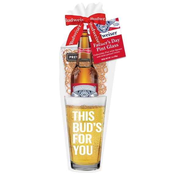 Budweiser Pint Glass Gift Set with Bottle Opener & Pretzel Twists