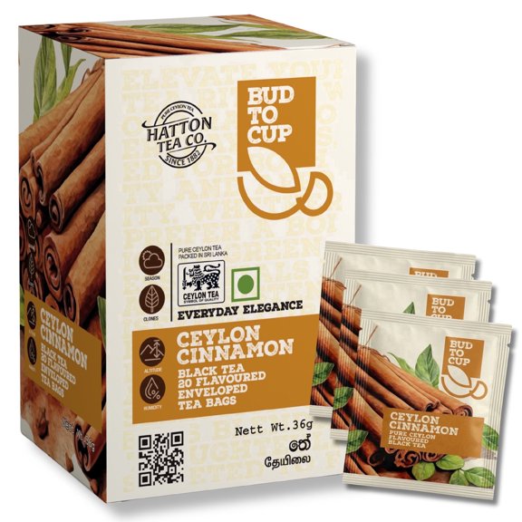 BUD TO CUP Ceylon Black Tea Bags, Cinnamon Flavored 20 Individually Wrapped