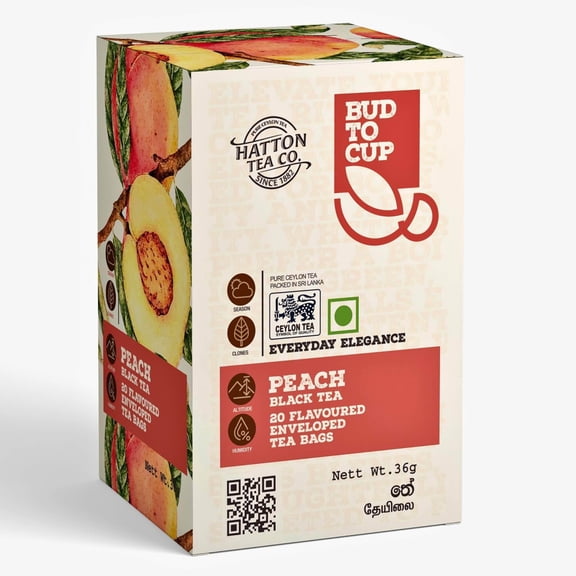 BUD TO CUP Ceylon Black Tea Bags, Peach Flavored - 20 Individually Wrapped