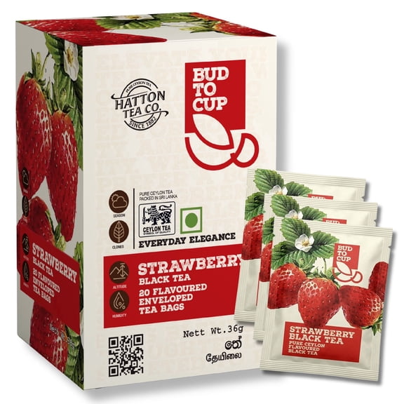 Bud to Cup Ceylon Black Tea Bags Strawberry Flavored 20 Individually Wrapped