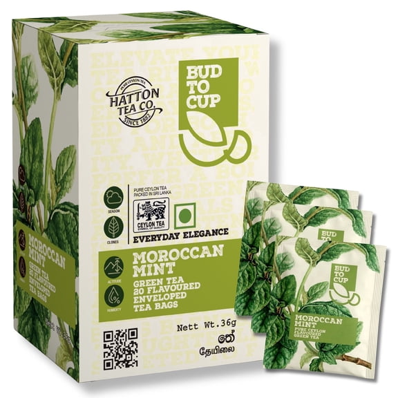 BUD TO CUP Ceylon Green Tea Bags - 20 Enveloped Tea Bags, Moroccan Mint