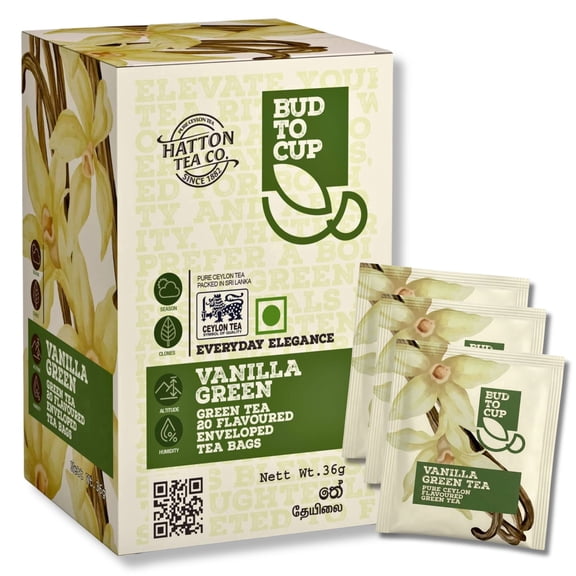 BUD TO CUP Ceylon Green Tea Bags - 20 Enveloped Tea Bags, Vanilla
