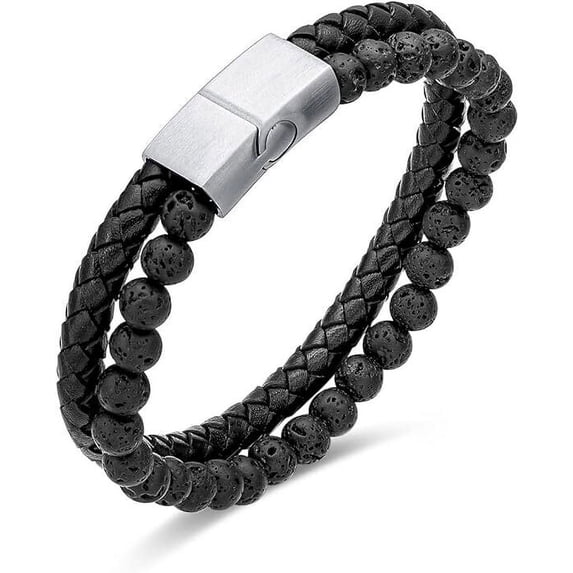 BUDALGA Mens Genuine Leather Bracelet, Braided Double Layer Lava Rock Bead Stones Bracelet with Stainless Steel Magnetic Clasp Mens Gifts for Mens Boys Father