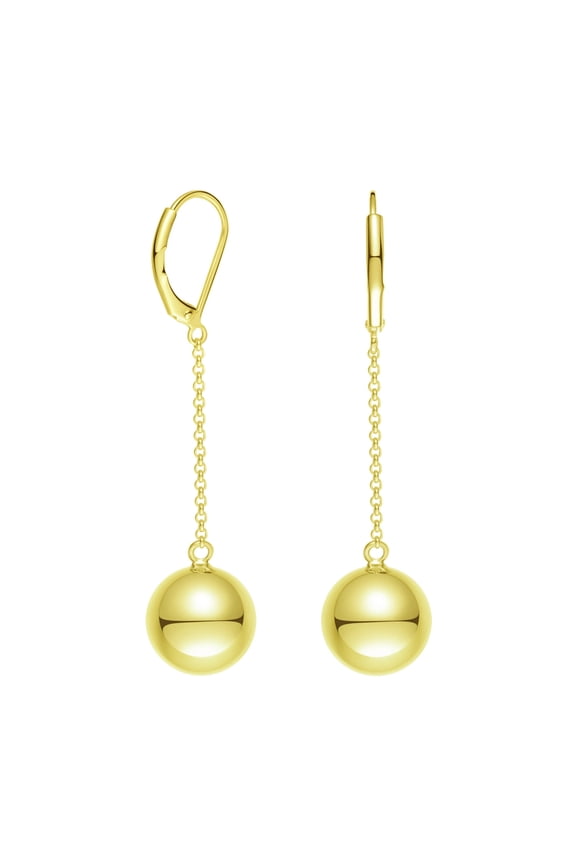Yellow Gold Plated Ball Leverback Dangle Earrings Ball Drop Earrings High Polished Fashion Jewelry Gift for Mom Women