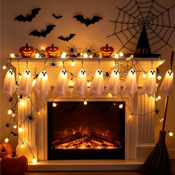 BUDAO00 10 Ghost Halloween String Lights, 8.2FT LED Warm White Hanging Ghost Garland with Polyester Ghost Pendants for Mantel, Window, Wall, Covered Porch and Home Party Decor