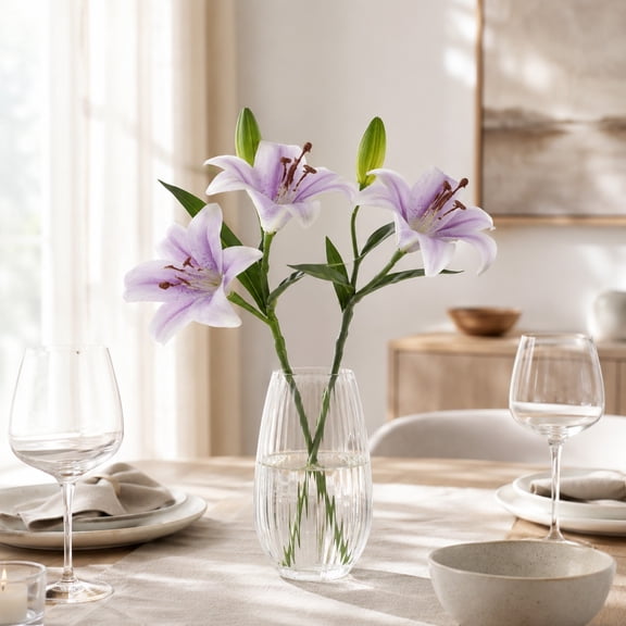 BUDAO00 2PCS Artificial Lilies Silk Lily Flowers with 2 Heads Fully Bloomed Lilies, Long Stem Lilies Artificial Flowers for Home Party Wedding Decor (Purple)