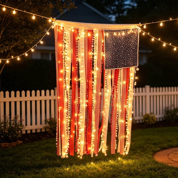 BUDAO00 4 x 2.3 Ft Lighted Rag American Flag Banner, Boho Patriotic Wall Hanging with LED Lights Rope Flagpole, Independence Day Bunting for Home Garden Porch Party Decor Farmhouse (A)