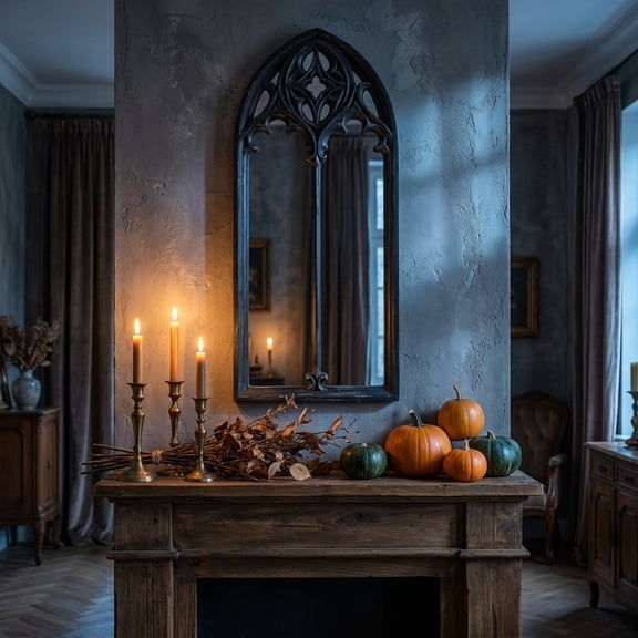BUDAO00 Black Gothic Cathedral Arch Wall Mirror, Ornate Decorative Hanging Mirror with Pointed Window Frame for Bedroom, Living Room, Entryway, Hallway, Above Mantel and Halloween Decor