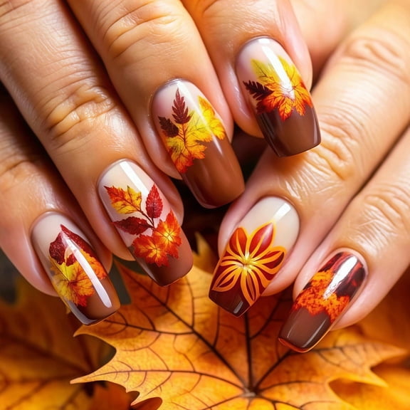 BUDAO00 Fall Press On Nails, Brown Orange Maple Leaf Design with White Accent Nails, Medium Long Square Full Cover Fake Nails for Fall Events, Autumn Outfits and Manicure Styling