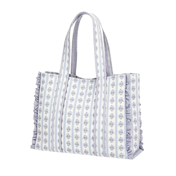 BUDAO00 French Country Floral Tote Bag for Women, Large Shoulder Shopper with Gingham Stripes, Ruffled Sides and Long Handles for Travel, Shopping, Work and Weekend Use (Blue)