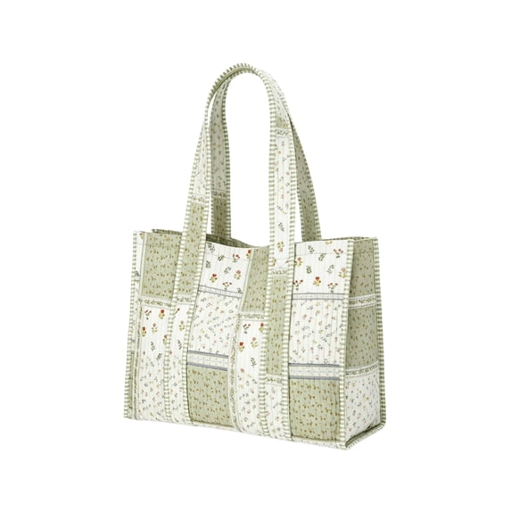 BUDAO00 French Country Floral Tote Bag for Women, Large Shoulder Shopper with Gingham Stripes, Ruffled Sides and Long Handles for Travel, Shopping, Work and Weekend Use (Green)