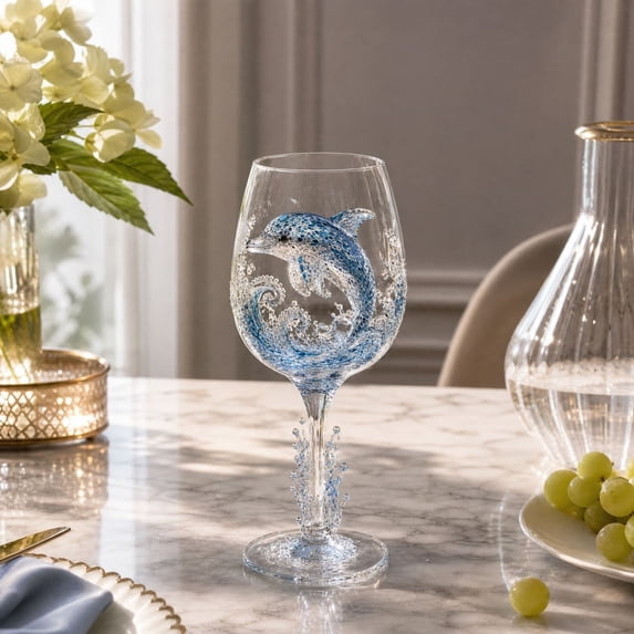 BUDAO00 Ocean Wine Glass, Dolphin Decorative Stemmed Goblet with 3D Sea Life Design and Coastal Style, Novelty Drinkware for Wine, Table Settings, Beach House Decor and Ocean Lovers