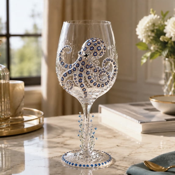 BUDAO00 Ocean Wine Glass, Octopus Decorative Stemmed Goblet with 3D Sea Life Design and Coastal Style, Novelty Drinkware for Wine, Table Settings, Beach House Decor and Ocean Lovers