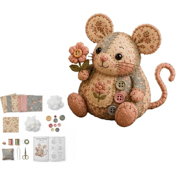 BUDAO00 Patchwork Mouse DIY Kit, Handmade Sewing Craft Kit for Mouse Making, Creative Patchwork Animal Craft Project, Cute Mouse DIY Set for Hobby Sewing Quilting Art Crafting Gift (A Set)