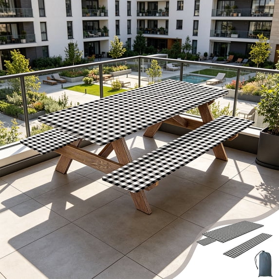 BUDAO00 Picnic Table Cover with Bench Covers, Washable Tablecloth for 6 Foot Rectangle Tables – 72"x30" Waterproof Elastic Fitted Checkered Camping Tablecloth for Outdoor Use (Black)