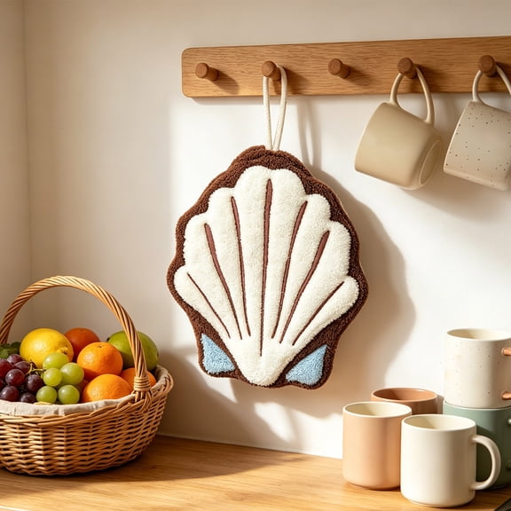 BUDAO00 Sea Star and Seashell Hanging Hand Towel, Coastal Kitchen Towel with Hook Style Top for Bathroom, Sink, Stove, Guest Room, Beach House and Nautical Home Decor (White)