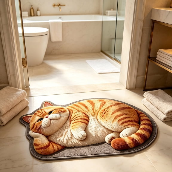 BUDAO00 Sleeping Cat Shaped Bath Mat, Orange Tabby Cat, 23.62 x 15.75 Inch Decorative Floor Rug for Bathroom, Tub, Shower, Vanity, Bedroom, Bedside, Entryway and Cat-Themed Home Decor