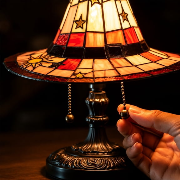 BUDAO00 Stained Glass Witch Table Lamp with Carved Resin Base – USB Powered Night Light, Pull-Chain Switch, for Bedroom, Shelf, Display (Small)